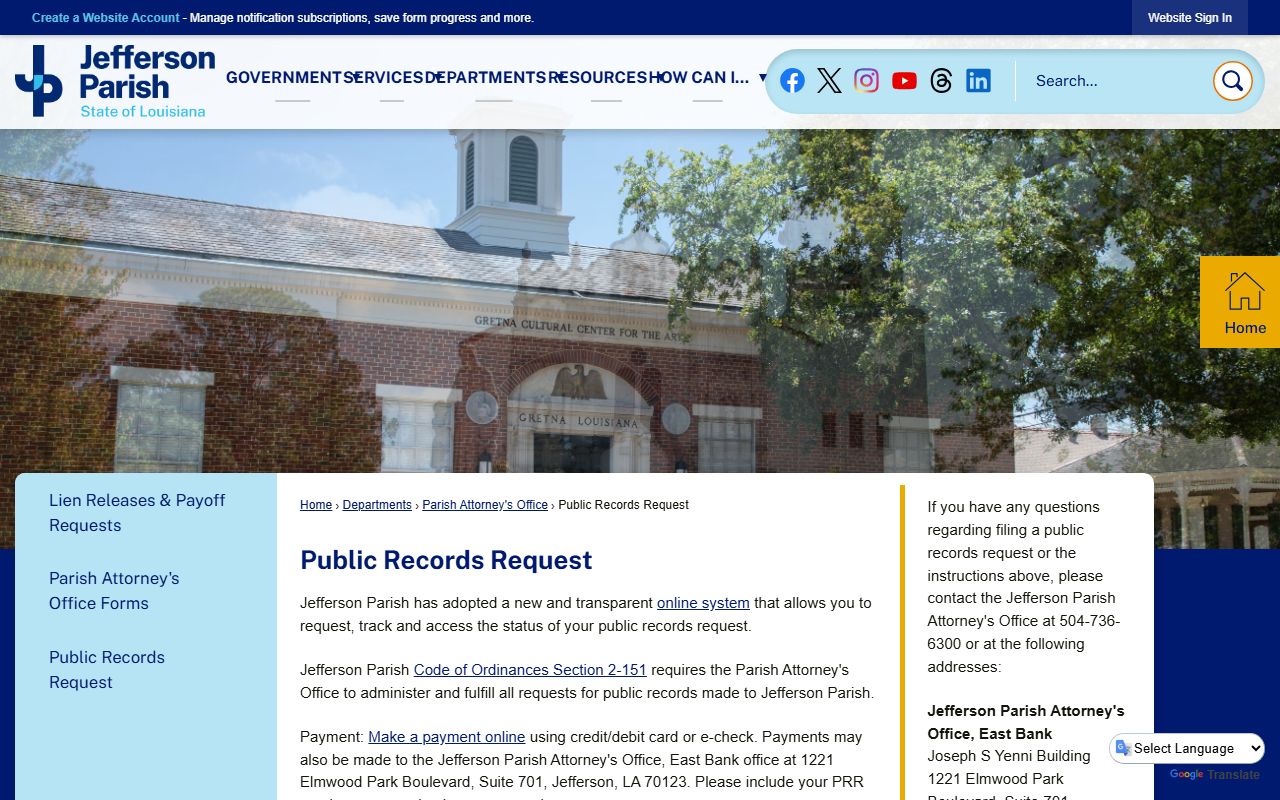 Jefferson Parish Sheriff's Office records request page