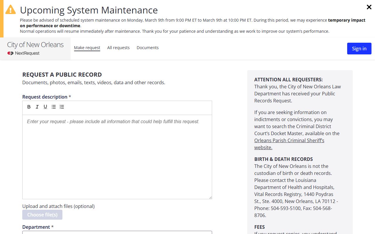 NOLA public records request portal for Orleans Parish police records