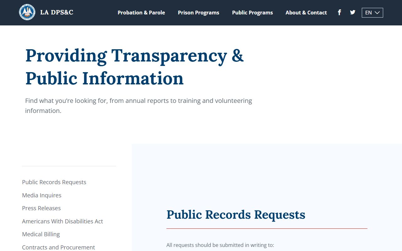 Louisiana Department of Corrections public information and records request page