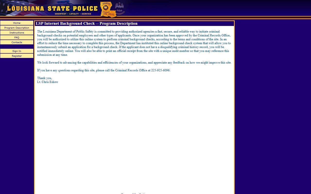 Louisiana Internet Background Check portal for authorized agency access to police records