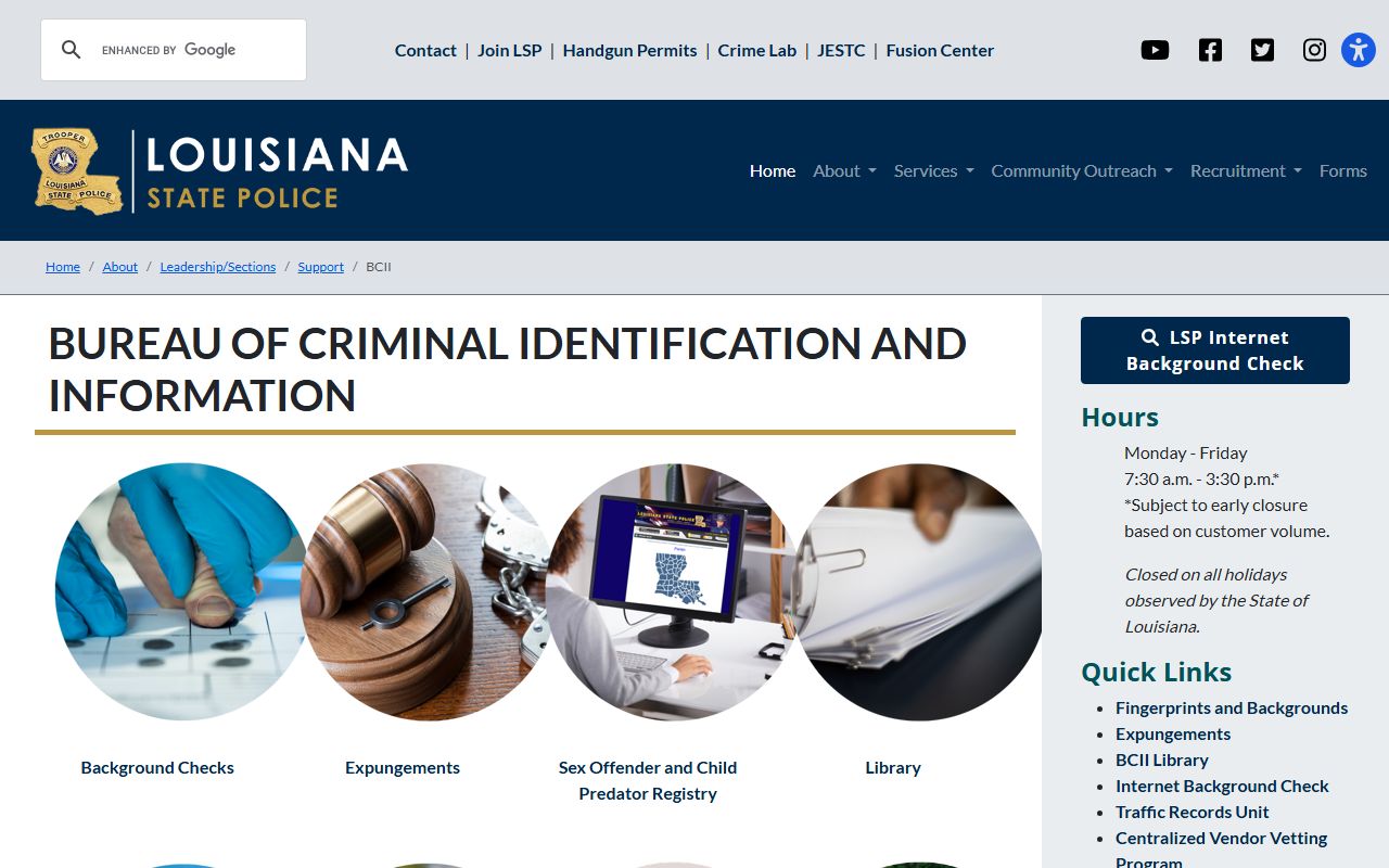 Louisiana State Police background check service page showing police records access options