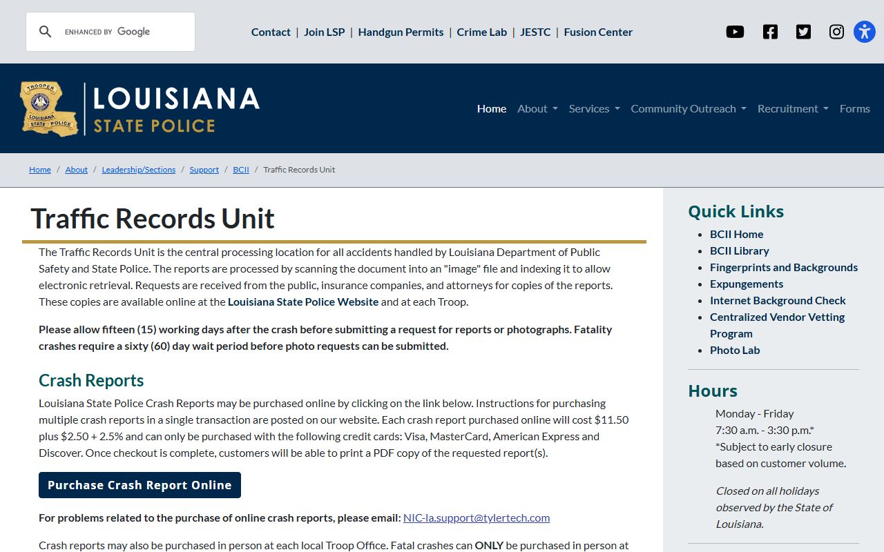 Louisiana State Police Traffic Records Unit information for crash report requests
